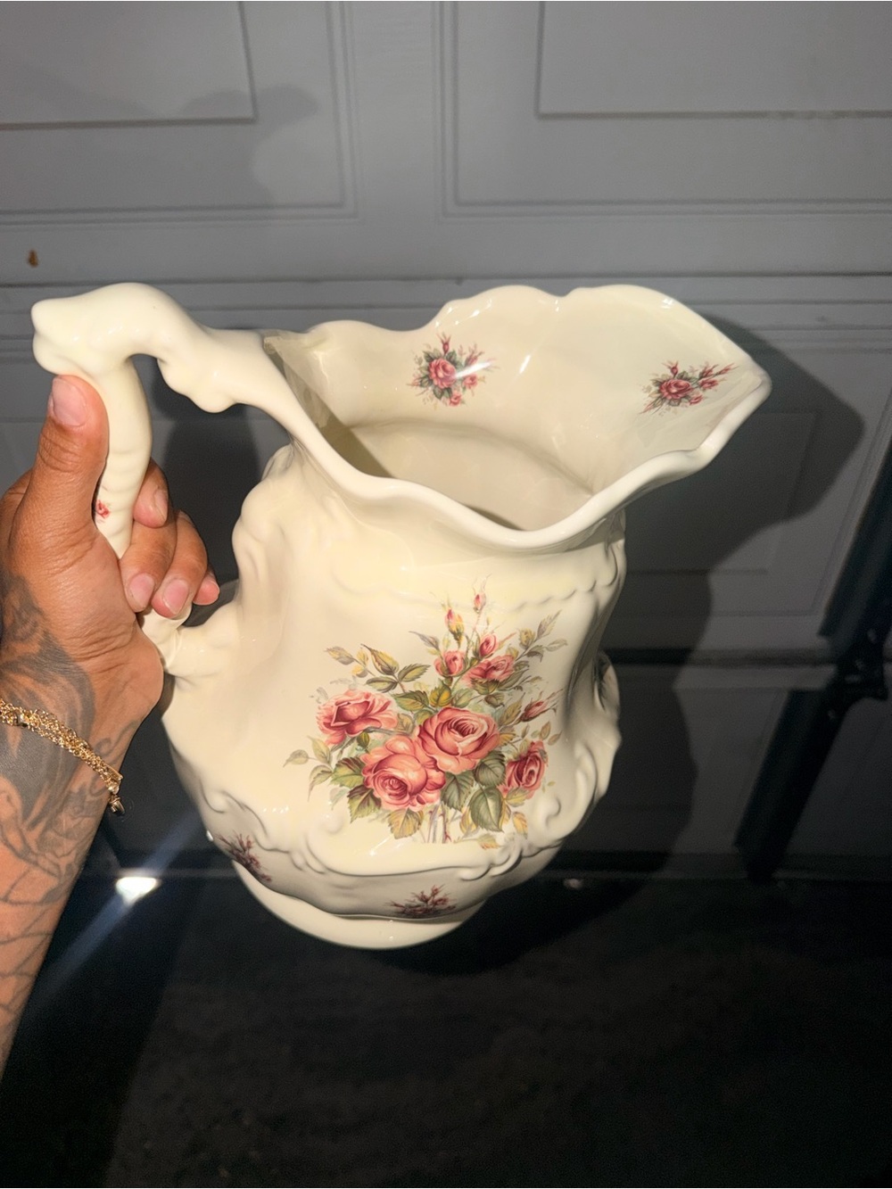 Vintage Floral Ceramic Pitcher - Cream with Pink Rose Design